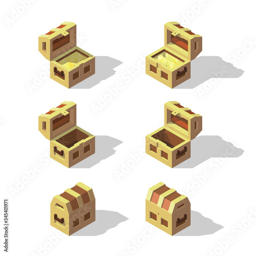Set of vector isometric treasure chests. Empty chest and chest with gold. Game design concept.