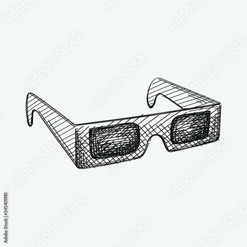Hand-drawn sketch of 3d glasses on a white background. Going to the cinema. Watching a movie. 