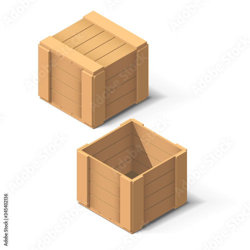 Isometric wooden crate. Opened and closed cargo box.