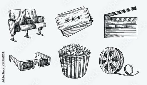 Hand-drawn sketch set of Cinema industry. Going to the cinema. Watching a movie. 3d glasses, two cinema seats, film tape, Clapperboard, two movie tickets, large popcorn cup 