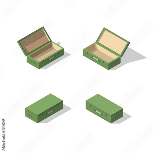 Opened and closed wooden box. Army ammunition isometric box.