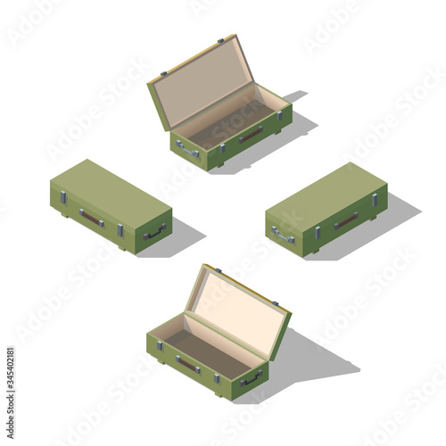 Vector isometric opened and closed wooden box. Army ammunition isometric box.
