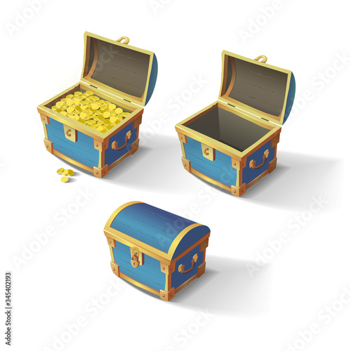 Set of blue chests. Open empty chest, full of gold chest and closed with lock chest. Vector illustration of cartoon treasure chests.