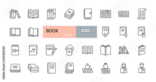 Vector book icons. Editable Stroke. Reading, library, stack of books, open, bookcase shelf. Readers, magazine, audio, coffee apple.