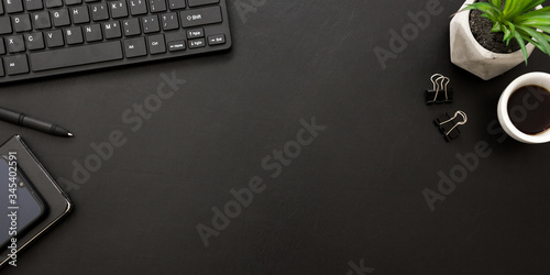 Office desk table with supplies. Flat lay Business workplace and objects. Top view. Copy space for text photo