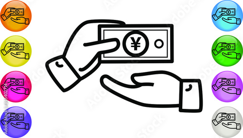 Hand Giving Cash Money in Japanese YEN or Chinese YUAN Banknote. Money exchange, transfer, help, donation, cash payment and charity concept. Vector illustration EPS 10.