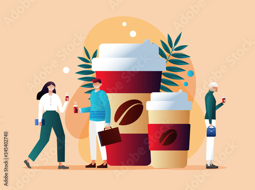 Coffee cups and tiny business people drinking take away coffee 