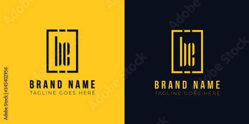 Minimalist abstract letter BE logo. This logo icon incorporate with abstract rectangle shape and typeface in the creative way. Modern letter logo design in yellow and black background.