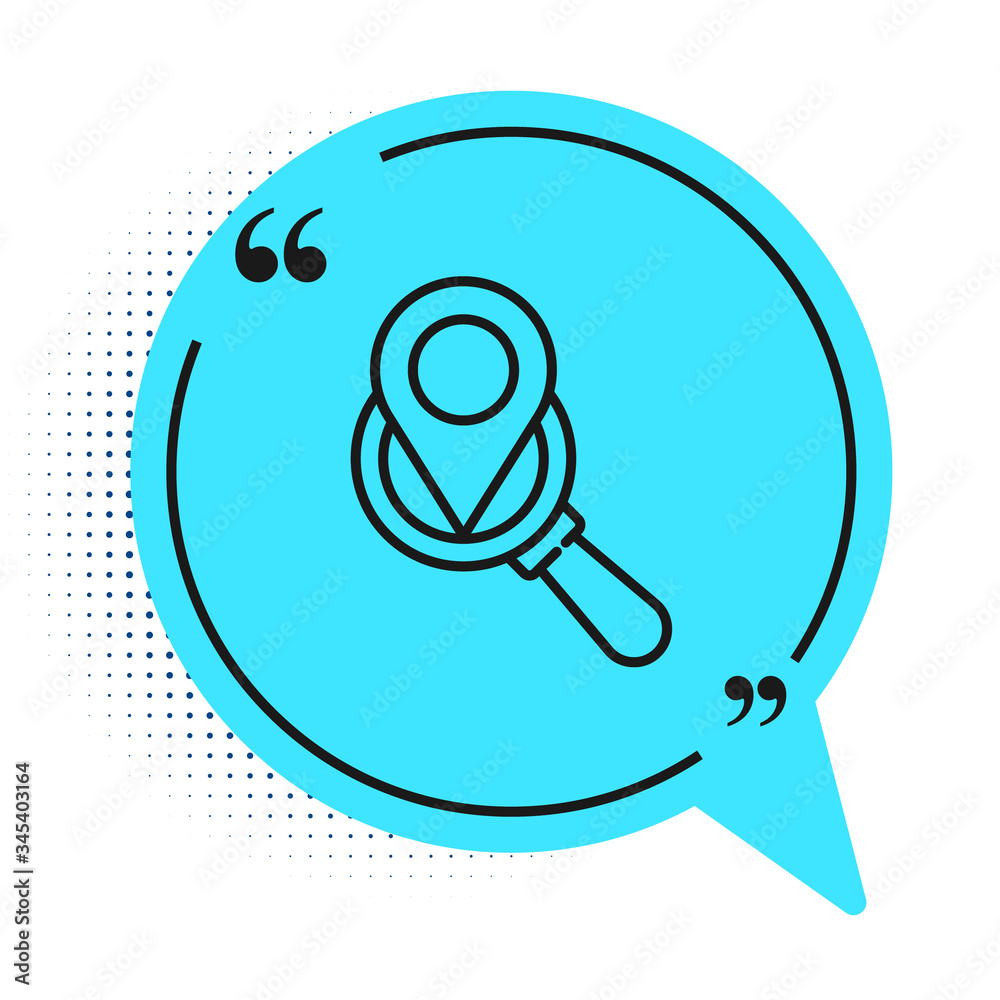 Black line Search location icon isolated on white background. Magnifying glass with pointer sign. Blue speech bubble symbol. Vector Illustration Black line Search location icon isolated on white background. Magnifying glass with pointer sign. Blue speech bubble symbol. Vector Illustration