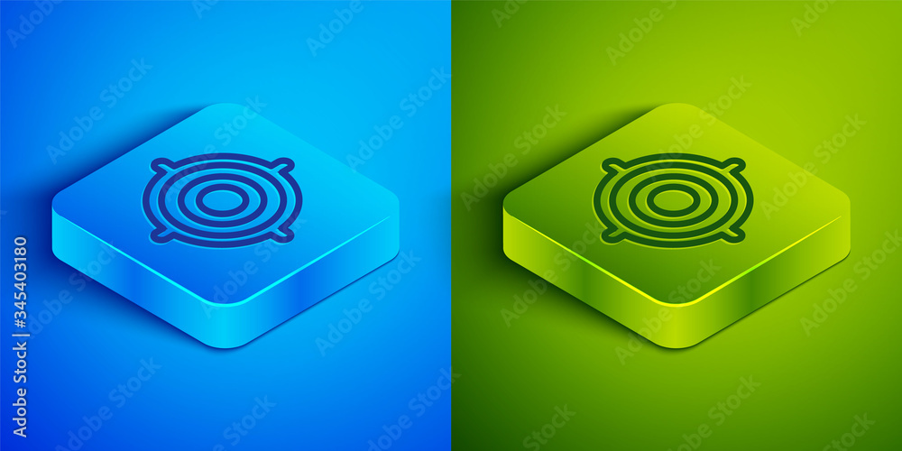 Isometric line Target sport icon isolated on blue and green background. Clean target with numbers for shooting range or shooting. Square button. Vector Illustration Isometric line Target sport icon isolated on blue and green background. Clean target with numbers for shooting range or shooting. Square button. Vector Illustration
