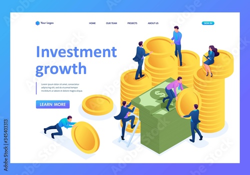 Isometric investment growth, investors carry money to the bank. Landing page concepts and web design