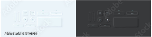 Vector set of different buttons in neumorphic/skeuomorphism style. White and black version. Ui template. All elements are isolated.