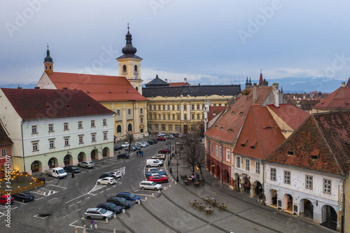 Sibiu, Romania aerial view of downtown