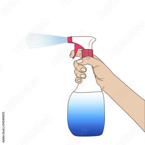 Female hand holds a spray bottle, water spray, sprayer. EPS 10 vector stock illustration. 