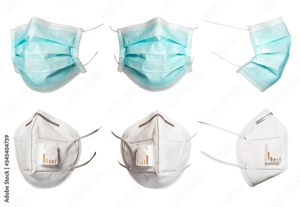 Set of green medical and surgical masks that protect against viruses in a pandemic isolated on a white background. Collection of cut mask at different viewing angles. 6 copies of high resolution. Set of green medical and surgical masks that protect against viruses in a pandemic isolated on a white background. Collection of cut mask at different viewing angles. 6 copies of high resolution.
