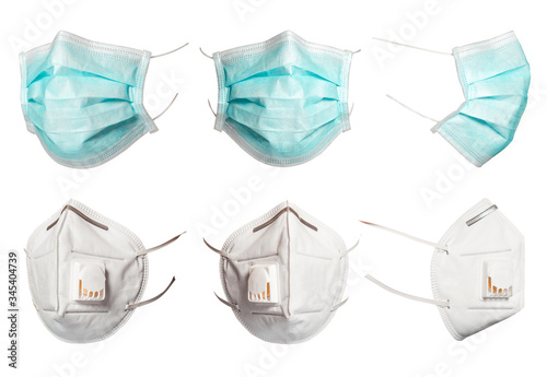 Set of green medical and surgical masks that protect against viruses in a pandemic isolated on a white background. Collection of cut mask at different viewing angles. 6 copies of high resolution.