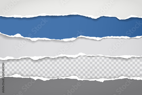 Pieces of torn blue and white paper with soft shadow stuck on white squared background. Vector illustration