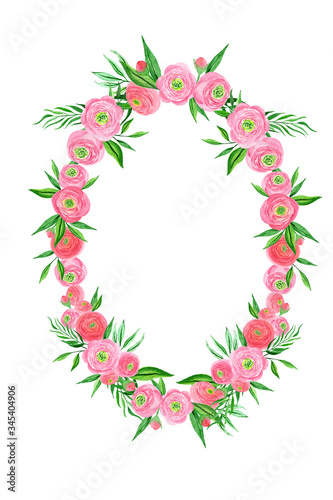 Fototapeta Naklejka Na Ścianę i Meble -  Floral wreath with watercolor hand-drawn pink ranunculus.