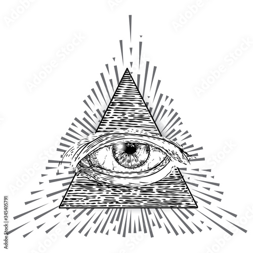 All seeing eye symbol element variation. Alchemy, religion, spirituality and occultism tattoo ink art. Vision of providence and conspiracy theory. Hand drawing in flash tattoo style artwork. Vector.