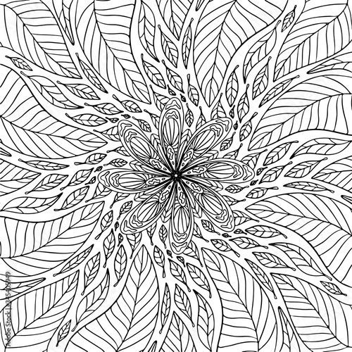 Hand drawn mandala type. Dynamic contour repeating elements. Coloring pages adults  children. Flower elements. Tree leaves. Abstract spots. Small parts. Vector realistic black outline white background