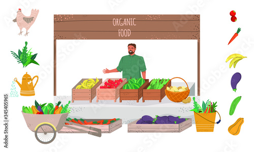 A man sells natural products: homemade fruits and vegetables, eggs, herbs, berries. The concept of eco products, healthy eating habits and agriculture. Cartoon flat vector illustration.