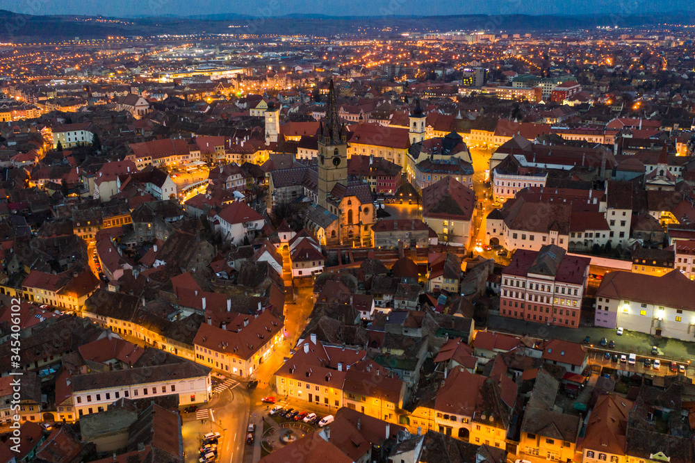 Evening aerial view of Sibiu, Romania, night landscape