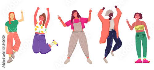 Fototapeta Naklejka Na Ścianę i Meble -  Group of stylish joyful teenagers women. Young people have fun, jump with happiness and laugh. Concept of successful ladies. Vector cartoon characters in flat style.