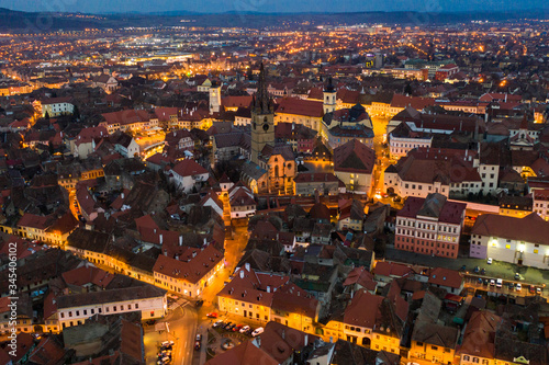 Evening aerial view of Sibiu, Romania, night landscape photo