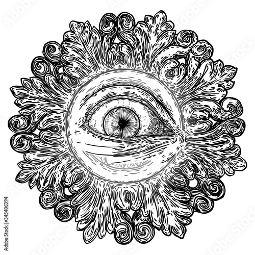 Hand drawn eye iris as element of All seeing eye of providence variation in decorative circle.  Black work tattoo flash of Masonic symbol design. Sacred religion, spirituality and occultism. Vector.