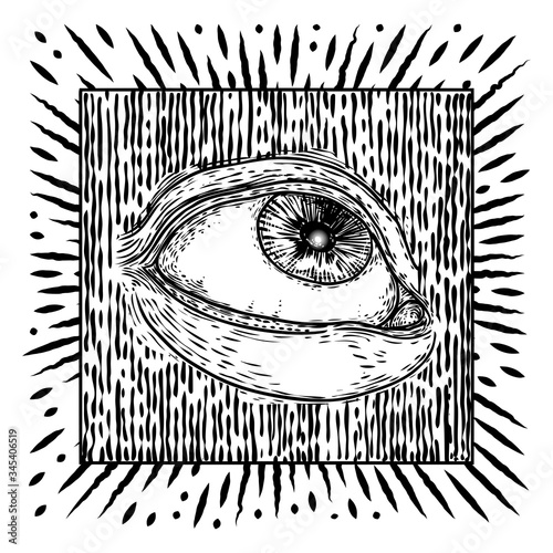 All seeing eye symbol element variation. Alchemy, religion, spirituality and occultism tattoo ink art. Vision of providence and conspiracy theory. Hand drawing in flash tattoo style artwork. Vector.
