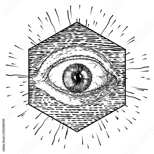 All seeing eye symbol element variation. Alchemy, religion, spirituality and occultism tattoo ink art. Vision of providence and conspiracy theory. Hand drawing in flash tattoo style artwork. Vector.