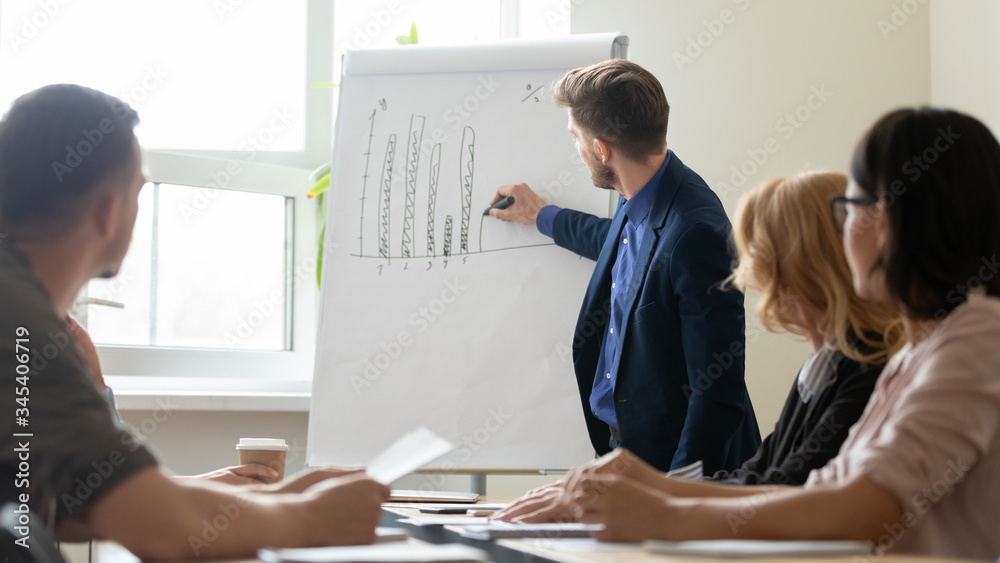 Confident businessman in suit drawing graphs on flip charts presentation new project in boardroom at company meeting. Young coach auditor speaks with colleagues about business using board. Confident businessman in suit drawing graphs on flip charts presentation new project in boardroom at company meeting. Young coach auditor speaks with colleagues about business using board.