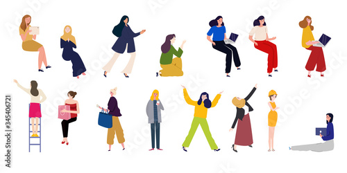 character set collection of casual cartoon business people woman female with many pose modern colorful style © SriWidiawati