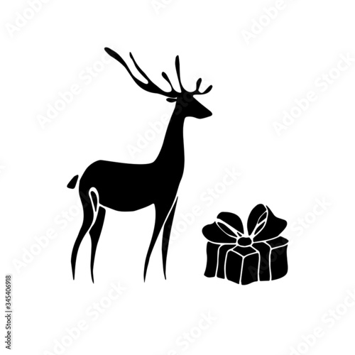 Deer with a gift. Black silhouette. Vector illustration.
