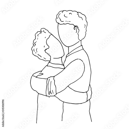 Two men are hugging. Line art. Vector illustration.