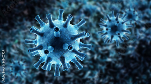Coronavirus germs in cell, microscopic view of SARS-CoV-2 corona virus inside organism, 3d rendering. Concept of global coronavirus outbreak
