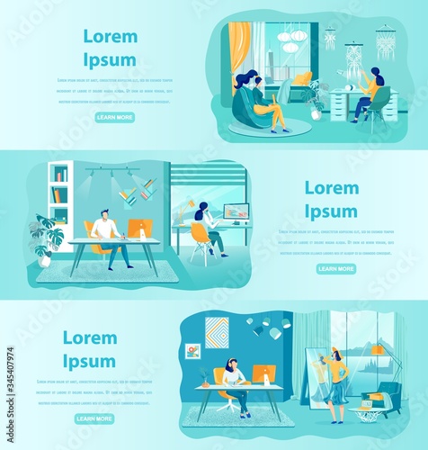 People Working at Home Web Banner Templates Set
