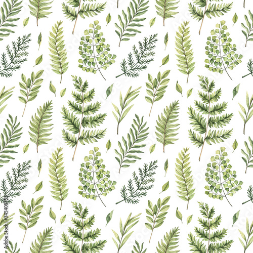 Greenery watercolor seamless pattern. Botanical background with green branches  leaves and fern illustrations. Floral Design. Perfect for invitations  wrapping paper  textile  fabric  poster  packing
