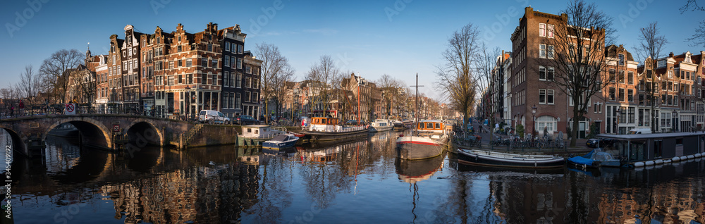 Amsterdam, Netherlands - February 2016: Crooked buildings, a feature on the Prinsengeracht
