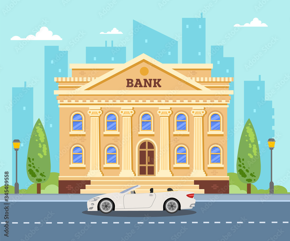 Obraz premium Bank building on the background of the city. White car near the bank. Flat vector illustration