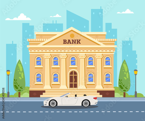 Bank building on the background of the city. White car near the bank. Flat vector illustration