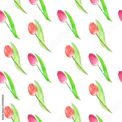 Watercolors draw a spring seamless pattern on a white background consisting of tulips.