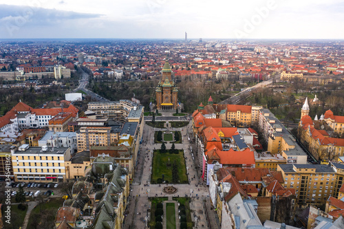Beautiful cloudy sunset over Union Square - Piata Unirii Timisoara. Aerial view from Timisoara taken by a professional drone