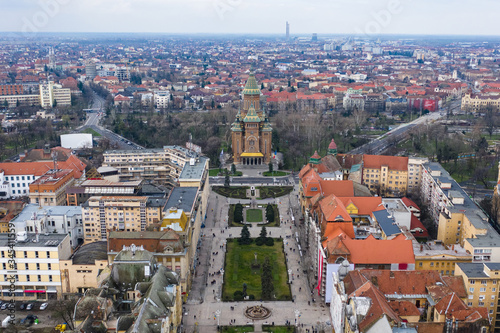 Beautiful cloudy sunset over Union Square - Piata Unirii Timisoara. Aerial view from Timisoara taken by a professional drone photo