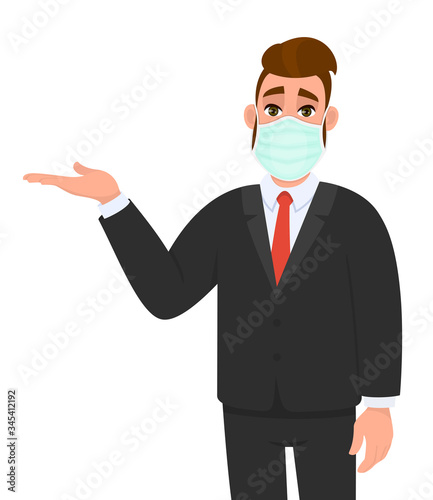 Young business man wearing medical mask and presenting hand to copy space. Trendy hipster person covering face protection and introducing something. Male character cartoon illustration in vector style