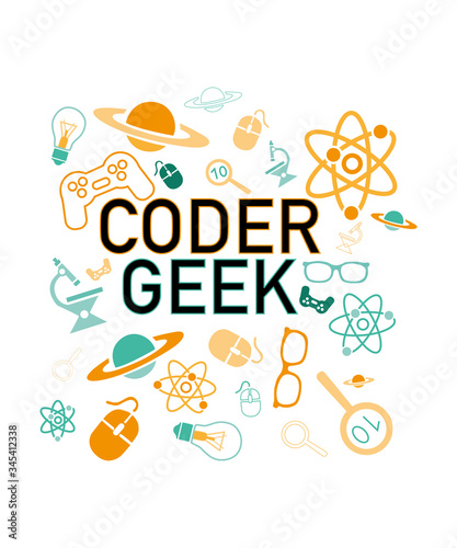 coder geek graphic with concepts for technology and coding for jobs, career, occupations and education.  Objects related inclue telescope, atoms, computer mouse and more in this graphic.
