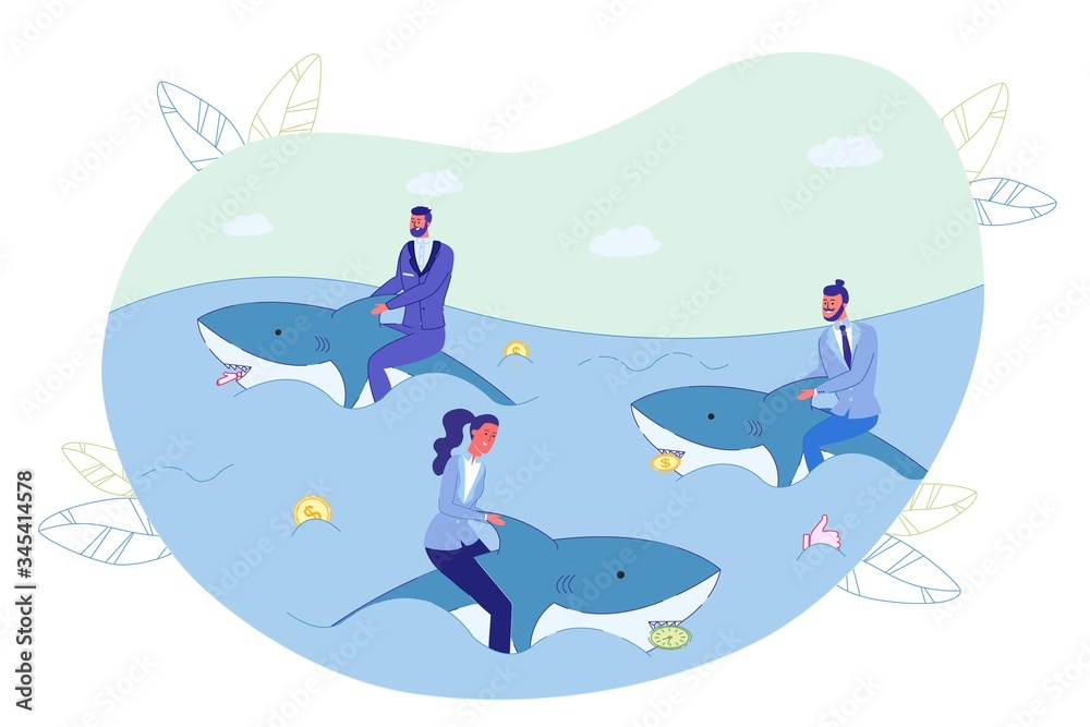 Naklejka premium Businesspeople Swimming on Shark in Ocean Metaphor