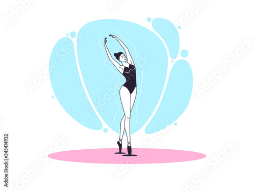 Graceful ballerina woman in outline minimalist style. Ballet dancer leans slightly aside with arms raised above the head
