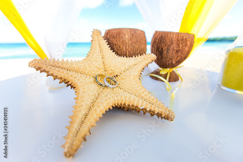 Obraz na plátně Wedding rings close up decorated nautical with accessories for tropical wedding