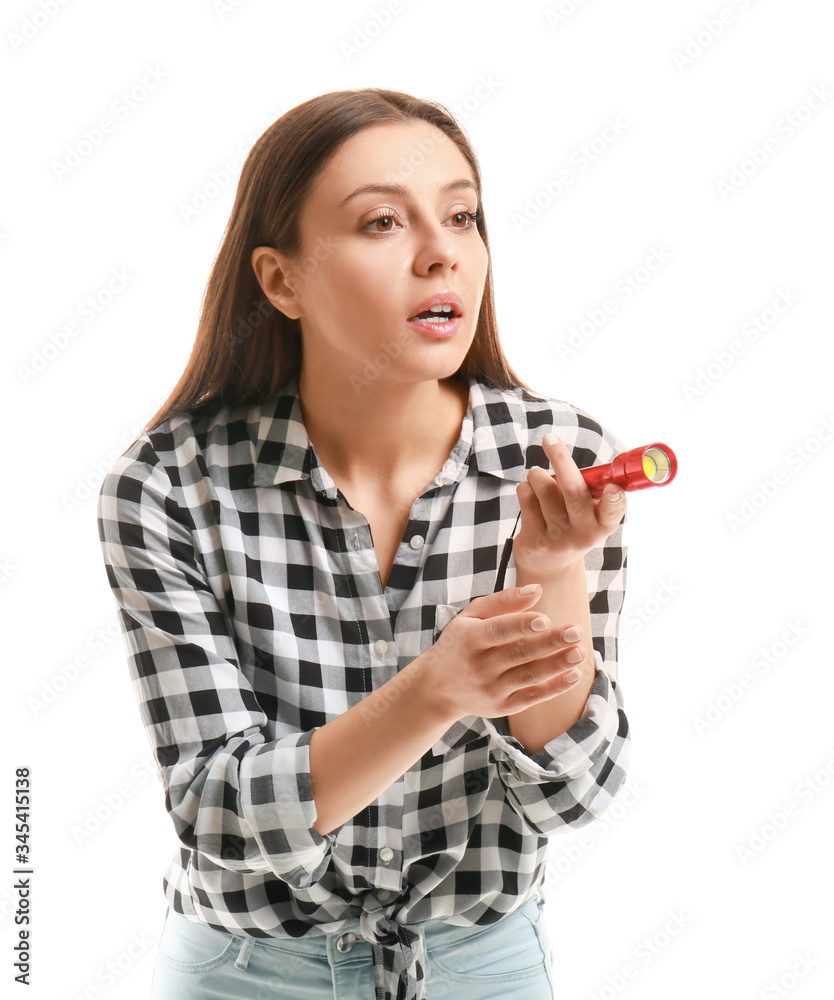 Woman with flashlight on white background Woman with flashlight on white background